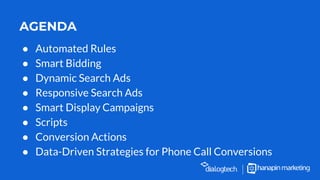 AGENDA
● Automated Rules
● Smart Bidding
● Dynamic Search Ads
● Responsive Search Ads
● Smart Display Campaigns
● Scripts
● Conversion Actions
● Data-Driven Strategies for Phone Call Conversions
 