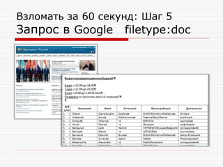 Взломать за 60 секунд: Шаг 5

Запрос в Google filetype:doc

 