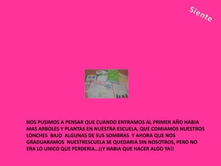 NOS PUSIMOS A PENSAR QUE CUANDO ENTRAMOS AL PRIMER AÑO HABIA
MAS ARBOLES Y PLANTAS EN NUESTRA ESCUELA, QUE COMIAMOS NUESTROS
LONCHES BAJO ALGUNAS DE SUS SOMBRAS Y AHORA QUE NOS
GRADUARAMOS NUESTRESCUELA SE QUEDARIA SIN NOSOTROS, PERO NO
ERA LO UNICO QUE PERDERIA…¡¡Y HABIA QUE HACER ALGO YA!!
 