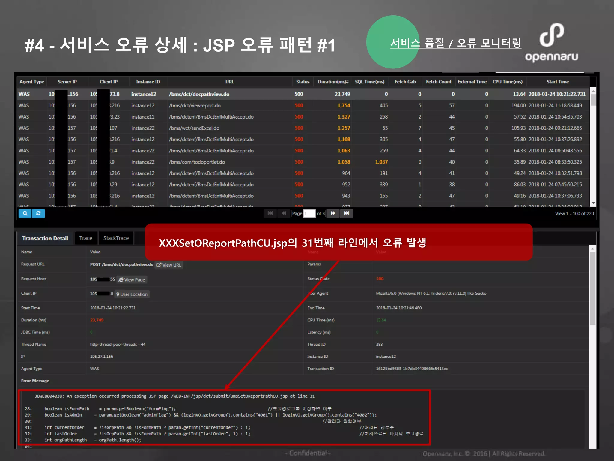 #4 - 서비스 오류 상세 : JSP 오류 패턴 #1
XXXSetOReportPathCU.jsp의 31번째 라인에서 오류 발생
서비스 품질 / 오류 모니터링
 