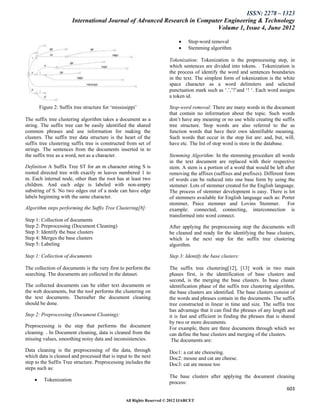 ISSN: 2278 – 1323
                         International Journal of Advanced Research in Computer Engineering & Technology
                                                                             Volume 1, Issue 4, June 2012

                                                                                 Stop-word removal
                                                                                 Stemming algorithm

                                                                        Tokenization: Tokenization is the preprocessing step, in
                                                                        which sentences are divided into tokens. . Tokenization is
                                                                        the process of identify the word and sentences boundaries
                                                                        in the text. The simplest form of tokenization is the white
                                                                        space character as a word delimiters and selected
                                                                        punctuation mark such as „.‟,‟?‟and „! „. Each word assigns
                                                                        a token id.

        Figure 2: Suffix tree structure for „mississippi‟               Stop-word removal: There are many words in the document
                                                                        that contain no information about the topic. Such words
The suffix tree clustering algorithm takes a document as a              don‟t have any meaning or no use while creating the suffix
string. The suffix tree can be easily identified the shared             tree structure. Stop words are also referred to the as
common phrases and use information for making the                       function words that have their own identifiable meaning.
clusters. The suffix tree data structure is the heart of the            Such words that occur in the stop list are: and, but, will,
suffix tree clustering suffix tree is constructed from set of           have etc. The list of stop word is store in the database.
strings. The sentences from the documents inserted in to
the suffix tree as a word, not as a character.                          Stemming Algorithm: In the stemming procedure all words
                                                                        in the text document are replaced with their respective
Definition A Suffix Tree ST for an m character string S is              stem. A stem is a portion of a word that would be left after
rooted directed tree with exactly m leaves numbered 1 to                removing the affixes (suffixes and prefixes). Different form
m. Each internal node, other than the root has at least two             of words can be reduced into one base form by using the
children. And each edge is labeled with non-empty                       stemmer. Lots of stemmer created for the English language.
substring of S. No two edges out of a node can have edge                The process of stemmer development is easy. There is lot
labels beginning with the same character.                               of stemmers available for English language such as: Porter
                                                                        stemmer, Paice stemmer and Lovins Stemmer. For
Algorithm steps performing the Suffix Tree Clustering[8]:               example: connected, connecting, interconnection is
                                                                        transformed into word connect.
Step 1: Collection of documents
Step 2: Preprocessing (Document Cleaning)                               After applying the preprocessing step the documents will
Step 3: Identify the base clusters                                      be cleaned and ready for the identifying the base clusters,
Step 4: Merges the base clusters                                        which is the next step for the suffix tree clustering
Step 5: Labeling                                                        algorithm.

Step 1: Collection of documents                                         Step 3: Identify the base clusters:

The collection of documents is the very first to perform the            The suffix tree clustering[12], [13] work in two main
searching. The documents are collected in the dataset.                  phases first, is the identification of base clusters and
                                                                        second, is the merging the base clusters. In base cluster
The collected documents can be either text documents or                 identification phase of the suffix tree clustering algorithm,
the web documents, but the tool performs the clustering on              the base clusters are identified. The base clusters consist of
the text documents. Thereafter the document cleaning                    the words and phrases contain in the documents. The suffix
should be done.                                                         tree constructed in linear in time and size. The suffix tree
                                                                        has advantage that it can find the phrases of any length and
Step 2: Preprocessing (Document Cleaning):                              it is fast and efficient in finding the phrases that is shared
                                                                        by two or more documents.
Preprocessing is the step that performs the document                    For example, there are three documents through which we
cleaning. . In Document cleaning, data is cleaned from the              can define the base clusters and merging of the clusters.
missing values, smoothing noisy data and inconsistencies.                The documents are:
Data cleaning is the preprocessing of the data, through                 Doc1: a cat ate cheeseing.
which data is cleaned and processed that is input to the next           Doc2: mouse and cat ate cheese.
step to the Suffix Tree structure. Preprocessing includes the           Doc3: cat ate mouse too
steps such as:
                                                                        The base clusters after applying the document cleaning
         Tokenization                                                  process:
                                                                                                                           603

                                                   All Rights Reserved © 2012 IJARCET
 