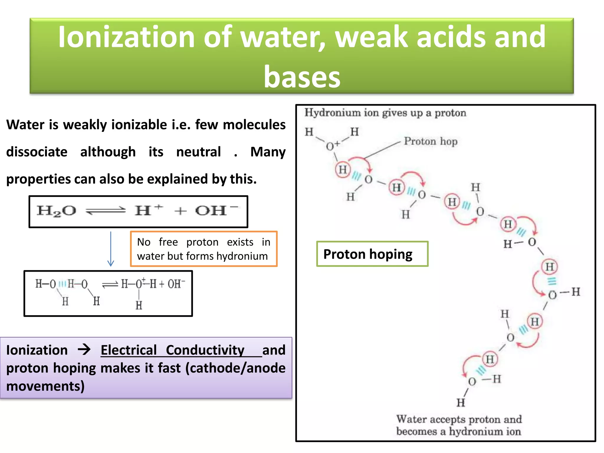 Ionization of water, weak acids and
bases
Proton hoping
Water is weakly ionizable i.e. few molecules
dissociate although its neutral . Many
properties can also be explained by this.
No free proton exists in
water but forms hydronium
Ionization  Electrical Conductivity and
proton hoping makes it fast (cathode/anode
movements)
 