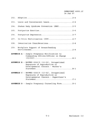OPNAVINST 6000.1C
                                                                                 14 Jun 07

202.      Adoption                                                                            2-4

203.      Leave and Convalescent Leave                                                        2-4

204.      Shaken Baby Syndrome Prevention (SBS)                                               2-5

205.      Postpartum Exercise                                                                 2-6

206.      Postpartum Depression                                                               2-7

207.      In-Vitro Fertilization (IVF)                                                        2-7

208.      Immunization Considerations                                                         2-8

209.      Workplace Support of Breastfeeding
          Servicewomen                                                                        2- 8

APPENDIX A - Sample Pregnancy Notification to
             Commanding Officer/Officer in Charge
             (CO / 0 I C) . . . . . . . . . . . . . . . . . . . . . . . . . . . . . . . . . . A - 1

APPENDIX B - NAVMED 6260/9 (12-02), Occupational
             Exposures of Reproductive or
             Developmental Concern - Worker's
             Statement                                                                        B-1

APPENDIX C - NAVMED 6260/8 (12-02), Occupational
             Exposures of Reproductive or
             Developmental Concern - Supervisor's
             Statement                                                                        C-l

APPENDIX D - Sample Pregnancy Counseling Form                                                 D-l




                                                     T-2                                 Enclosure (1)
 