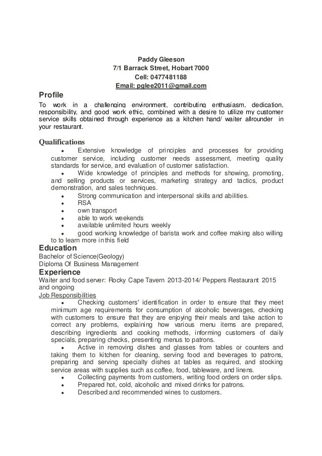 food and beverage resume food and beverage resume