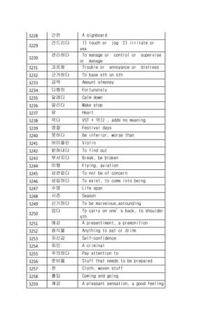 3228 간판 A signboard
3229
건드리다 1) touch or jog 2) irritate or
vex
3230
관리하다 To manage or control or supervise
or manage
3231 괴로움 Trouble or annoyance or distress
3232 근거하다 To base sth on sth
3233 금액 Amount ofmoney
3234 다행히 Fortunately
3235 달래다 Calm down
3236 말리다 Make stop
3237 맘 Heart
3238 먹다 VST + 먹다 , adds no meaning
3239 명절 Festival days
3240 못하다 Be inferior, worse than
3241 바이올린 Violin
3242 밝혀내다 To find out
3243 부서지다 Break, be broken
3244 비행 Flying, aviation
3245 상관없다 To not be of concern
3246 성립하다 To exist, to come into being
3247 수명 Life span
3248 시즌 Season
3249 신기하다 To be marvelous,astounding
3250
업다 To carry on one’s back, to shoulder
sth
3251 예감 A presentiment, a premonition
3252 음식물 Anything to eat or drink
3253 자신감 Self-confidence
3254 죄인 A criminal
3255 주의하다 Pay attention to
3256 준비물 Stuff that needs to be prepared
3257 천 Cloth, woven stuff
3258 출입 Coming and going
3259 쾌감 A pleasant sensation, a good feeling
 