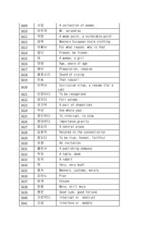 3609 시집 A collection of poems
3610 아무개 Mr. so-and-so
3611 약점 A weak point, a vulnerable point
3612 양복 Western European style clothing
3613 어째서 For what reason, why is that
3614 얼다 Freeze, be frozen
3615 여 A woman, a girl
3616 연령 Age, years of age
3617 예비 Preparation, reserve
3618 울음소리 Sound of crying
3619 이놈 That rascal!
3620
이력서 Curriculum vitae, a resume (for a
job)
3621 인정되다 To be recognized
3622 잠자다 Fall asleep
3623 젓가락 A pair of chopsticks
3624 주년 One whole year
3625 중단하다 To interrupt, to stop
3626 중대하다 importance,gravity
3627 중심지 A central place
3628 집중적 Related to the concentration
3629 참되다 To be true, honest, faithful
3630 초청 An invitation
3631 출판사 A publishing company
3632 탁자 A table, desk
3633 토끼 A rabbit
3634 퍽 Very, very much
3635 풍속 Manners, customs, morals
3636 피아노 Pian
3637 핑계 Excuse
3638 한층 More, still more
3639 행운 Good luck, good fortune
3640 가로막다 Interrupt or obstruct
3641 간섭 Interfere or meddle
 