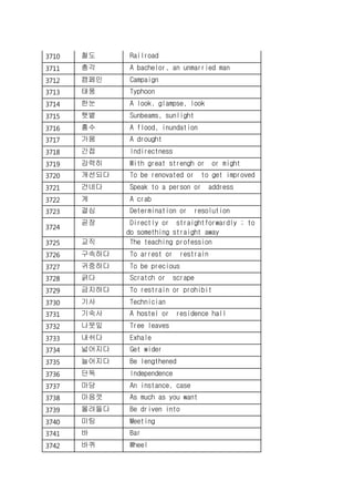 3710 철도 Railroad
3711 총각 A bachelor, an unmarried man
3712 캠페인 Campaign
3713 태풍 Typhoon
3714 한눈 A look, glampse, look
3715 햇볕 Sunbeams, sunlight
3716 홍수 A flood, inundation
3717 가뭄 A drought
3718 간접 Indirectness
3719 강력히 With great strengh or or might
3720 개선되다 To be renovated or to get improved
3721 건네다 Speak to a person or address
3722 게 A crab
3723 결심 Determination or resolution
3724
곧장 Directly or straightforwardly ; to
do something straight away
3725 교직 The teaching profession
3726 구속하다 To arrest or restrain
3727 귀중하다 To be precious
3728 긁다 Scratch or scrape
3729 금지하다 To restrain or prohibit
3730 기사 Technician
3731 기숙사 A hostel or residence hall
3732 나뭇잎 Tree leaves
3733 내쉬다 Exhale
3734 넓어지다 Get wider
3735 늘어지다 Be lengthened
3736 단독 Independence
3737 마당 An instance, case
3738 마음껏 As much as you want
3739 몰려들다 Be driven into
3740 미팅 Meeting
3741 바 Bar
3742 바퀴 Wheel
 