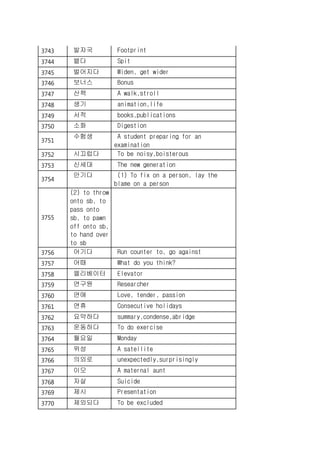 3743 발자국 Footprint
3744 뱉다 Spit
3745 벌어지다 Widen, get wider
3746 보너스 Bonus
3747 산책 A walk,stroll
3748 생기 animation,life
3749 서적 books,publications
3750 소화 Digestion
3751
수험생 A student preparing for an
examination
3752 시끄럽다 To be noisy,boisterous
3753 신세대 The new generation
3754
안기다 (1) To fix on a person, lay the
blame on a person
3755
(2) to throw
onto sb, to
pass onto
sb, to pawn
off onto sb,
to hand over
to sb
3756 어기다 Run counter to, go against
3757 어때 What do you think?
3758 엘리베이터 Elevator
3759 연구원 Researcher
3760 연애 Love, tender, passion
3761 연휴 Consecutive holidays
3762 요약하다 summary,condense,abridge
3763 운동하다 To do exercise
3764 월요일 Monday
3765 위성 A satellite
3766 의외로 unexpectedly,surprisingly
3767 이모 A maternal aunt
3768 자살 Suicide
3769 제시 Presentation
3770 제외되다 To be excluded
 