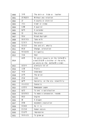 3900 가죽 The skin or hide or leather
3901 관계없이 Without any relation
3902 군 A county or district
3903 기다 Crawl or creep
3904 다툼 A quarrel
3905 달력 A calendar
3906 대 One piece
3907 대낮 Broad daylight
3908 데려가다 Take with
3909 도자기 Porcelain
3910 모조리 One and all, wholly
3911 변경 Change, alteration
3912 부지런히 Diligently
3913 사슴 Deer
3914
삼촌 An uncle (usually on the father's
side)(외삼촌 a brother of the wife,
an uncle on the mother's side)
3915 상당수 plenty/a lot of
3916 소풍 Picnic
3917 속옷 Underwear
3918 손목 The wrist
3919 손실 Loss
3920 슬쩍 Secretly, on the sly, stealthily
3921 시나리오 Scenario
3922 신문지 Newspaper paper
3923 실컷 To one’s satisfaction
3924 양보하다 To make a concession, recede
3925 엔진 Engine
3926 용 A dragon
3927 운행 movement,revolution
3928 이대로 As it is
3929 인간성 Human nature
3930 인상적 Impressive
3931 자라나다 To grow up
 