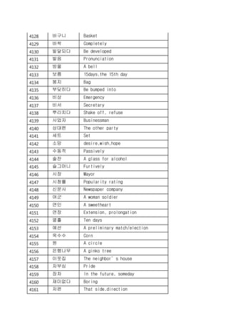 4128 바구니 Basket
4129 바싹 Completely
4130 발달되다 Be developed
4131 발음 Pronunciation
4132 방울 A bell
4133 보름 15days,the 15th day
4134 봉지 Bag
4135 부딪히다 Be bumped into
4136 비상 Emergency
4137 비서 Secretary
4138 뿌리치다 Shake off, refuse
4139 사업자 Businessman
4140 상대편 The other party
4141 세트 Set
4142 소망 desire,wish,hope
4143 수동적 Passively
4144 술잔 A glass for alcohol
4145 슬그머니 Furtively
4146 시장 Mayor
4147 시청률 Popularity rating
4148 신문사 Newspaper company
4149 여군 A woman soldier
4150 연인 A sweetheart
4151 연장 Extension, prolongation
4152 열흘 Ten days
4153 예선 A preliminary match/election
4154 옥수수 Corn
4155 원 A circle
4156 은행나무 A ginko tree
4157 이웃집 The neighbor’s house
4158 자부심 Pride
4159 장차 In the future, someday
4160 재미없다 Boring
4161 저편 That side,direction
 