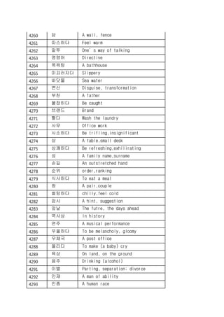 4260 담 A wall, fence
4261 따스하다 Feel warm
4262 말투 One’s way of talking
4263 명령어 Directive
4264 목욕탕 A bathhouse
4265 미끄러지다 Slippery
4266 바닷물 Sea water
4267 변신 Disguise, transformation
4268 부친 A father
4269 붙잡히다 Be caught
4270 브랜드 Brand
4271 빨다 Wash the laundry
4272 사무 Office work
4273 사소하다 Be trifling,insignificant
4274 상 A table,small desk
4275 상쾌하다 Be refreshing,exhilirating
4276 성 A family name,surname
4277 손길 An outstretched hand
4278 순위 order,ranking
4279 식사하다 To eat a meal
4280 쌍 A pair,couple
4281 썰렁하다 chilly,feel cold
4282 암시 A hint, suggestion
4283 앞날 The futre, the days ahead
4284 역사상 In history
4285 연주 A musical performance
4286 우울하다 To be melancholy, gloomy
4287 우체국 A post office
4288 울리다 To make (a baby) cry
4289 육상 On land, on the ground
4290 음주 Drinking (alcohol)
4291 이별 Parting, separation; divorce
4292 인재 A man of ability
4293 인종 A human race
 