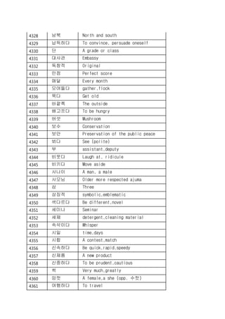 4328 남북 North and south
4329 납득하다 To convince, persuade oneself
4330 단 A grade or class
4331 대사관 Embassy
4332 독창적 Original
4333 만점 Perfect score
4334 매달 Every month
4335 모여들다 gather,flock
4336 묵다 Get old
4337 바깥쪽 The outside
4338 배고프다 To be hungry
4339 버섯 Mushroom
4340 보수 Conservation
4341 보안 Preservation of the public peace
4342 뵈다 See (polite)
4343 부 assistant,deputy
4344 비웃다 Laugh at, ridicule
4345 비키다 Move aside
4346 사나이 A man, a male
4347 사모님 Older more respected ajuma
4348 삼 Three
4349 상징적 symbolic,emblematic
4350 색다르다 Be different,novel
4351 세미나 Seminar
4352 세제 detergent,cleaning material
4353 속삭이다 Whisper
4354 시일 time,days
4355 시합 A contest,match
4356 신속하다 Be quick,rapid,speedy
4357 신제품 A new product
4358 신중하다 To be prudent,cautious
4359 썩 Very much,greatly
4360 암컷 A female,a she (opp. 수컷)
4361 여행하다 To travel
 