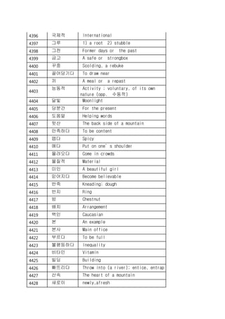 4396 국제적 International
4397 그루 1) a root 2) stubble
4398 그전 Former days or the past
4399 금고 A safe or strongbox
4400 꾸중 Scolding, a rebuke
4401 끌어당기다 To draw near
4402 끼 A meal or a repast
4403
능동적 Activity ; voluntary, of its own
nature (opp. 수동적)
4404 달빛 Moonlight
4405 당분간 For the present
4406 도움말 Helping words
4407 뒷산 The back side of a mountain
4408 만족하다 To be content
4409 맵다 Spicy
4410 메다 Put on one’s shoulder
4411 몰려오다 Come in crowds
4412 물질적 Material
4413 미인 A beautiful girl
4414 믿어지다 Become believable
4415 반죽 Kneading; dough
4416 반지 Ring
4417 밤 Chestnut
4418 배치 Arrangement
4419 백인 Caucasian
4420 본 An example
4421 본사 Main office
4422 부르다 To be full
4423 불평등하다 Inequality
4424 비타민 Vitamin
4425 빌딩 Building
4426 빠뜨리다 Throw into (a river); entice, entrap
4427 산속 The heart of a mountain
4428 새로이 newly,afresh
 
