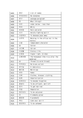 4495 명단 List of names
4496 무의미하다 Be nonsense
4497 문구 passage,paragraph
4498 뭣 What (thing)?
4499 미만 under,below ; less than
4500 백색 White
4501 비바람 Rain and wind
4502 사기 morale,fighting spirit
4503 사망하다 To decease,pass away
4504
사무직 Working in the office not in the
factory
4505 소질 temperament,character
4506 솜 Cotton
4507 시디롬 Cd-rom
4508 식생활 Dietary life
4509 신호등 Signal light, blinker
4510
신혼여행 the honeymoon (the trip after the
wedding)
4511 실 Thread (to wind thread)
4512 씩씩하다 Be brave,valiant
4513 연구실 A laboratory
4514 월드컵 World cup
4515 유머 Humor
4516 의류 Clothes, dresses; clothing
4517 입원 Hospitalization
4518 잊혀지다 To become forgotten
4519 잘살다 To be affluent, well-off
4520 장가 To get married
4521 적응 Adaptation
4522 정리되다 To be adjusted
4523 조 A company,group
4524 졸업생 A graduate
4525 죽다 Lose your spirit
4526 창피하다 To be ashamed
 
