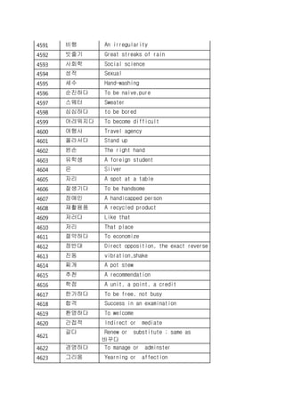 4591 비행 An irregularity
4592 빗줄기 Great streaks of rain
4593 사회학 Social science
4594 성적 Sexual
4595 세수 Hand-washing
4596 순진하다 To be naive,pure
4597 스웨터 Sweater
4598 심심하다 to be bored
4599 어려워지다 To become difficult
4600 여행사 Travel agency
4601 올라서다 Stand up
4602 왼손 The right hand
4603 유학생 A foreign student
4604 은 Silver
4605 자리 A spot at a table
4606 잘생기다 To be handsome
4607 장애인 A handicapped person
4608 재활용품 A recycled product
4609 저러다 Like that
4610 저리 That place
4611 절약하다 To economize
4612 정반대 Direct opposition, the exact reverse
4613 진동 vibration,shake
4614 찌개 A pot stew
4615 추천 A recommendation
4616 학점 A unit, a point, a credit
4617 한가하다 To be free, not busy
4618 합격 Success in an examination
4619 환영하다 To welcome
4620 간접적 Indirect or mediate
4621
갈다 Renew or substitute ; same as
바꾸다
4622 경영하다 To manage or adminster
4623 그리움 Yearning or affection
 