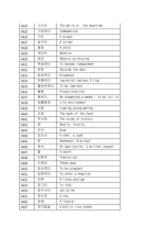 4624 그사이 The while or the meantime
4625 기념하다 Commemorate
4626 기도 A prayer
4627 길거리 A street
4628 꽃잎 A petal
4629 넥타이 Necktie
4630 대강 General principles
4631 독립하다 To become independent
4632 문밖 Outside the door
4633 방송하다 Broadcast
4634 보충하다 replenish,replace,fillup
4635 불완전하다 To be imerfect
4636 불평 Dissatisfaction
4637 붐비다 Be congested,crowded ; to be full of
4638 생활환경 Life environment
4639 서명 signing,autographing
4640 손등 The back of the hand
4641 역사학 The study of history
4642 영 Really, totally
4643 오리 Duck
4644 요리사 A chef, a cook
4645 원 Goodness! Gracious!
4646 원서 An application, a written request
4647 월 A month
4648 이론적 Theoretical
4649 이제야 These days
4650 임신하다 To be pregnant
4651 입원하다 To enter a hospital
4652 자취 A trace,vestige
4653 잠그다 To lock
4654 잡수시다 eat,drink
4655 장난감 A toy
4656 장례 A funeral
4657 전기밥솥 Electric rice cooker
 