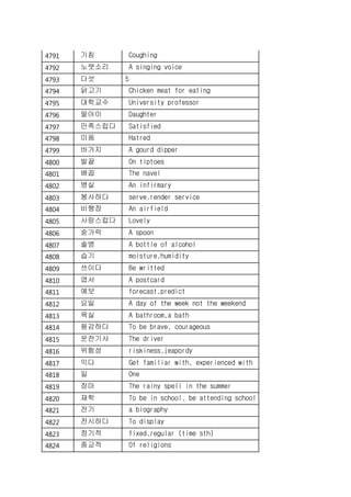 4791 기침 Coughing
4792 노랫소리 A singing voice
4793 다섯 5
4794 닭고기 Chicken meat for eating
4795 대학교수 University professor
4796 딸아이 Daughter
4797 만족스럽다 Satisfied
4798 미움 Hatred
4799 바가지 A gourd dipper
4800 발끝 On tiptoes
4801 배꼽 The navel
4802 병실 An infirmary
4803 봉사하다 serve,render service
4804 비행장 An airfield
4805 사랑스럽다 Lovely
4806 숟가락 A spoon
4807 술병 A bottle of alcohol
4808 습기 moisture,humidity
4809 쓰이다 Be writted
4810 엽서 A postcard
4811 예보 forecast,predict
4812 요일 A day of the week not the weekend
4813 욕실 A bathroom,a bath
4814 용감하다 To be brave, courageous
4815 운전기사 The driver
4816 위험성 riskiness,jeapordy
4817 익다 Get familiar with, experienced with
4818 일 One
4819 장마 The rainy spell in the summer
4820 재학 To be in school, be attending school
4821 전기 a biography
4822 전시하다 To display
4823 정기적 fixed,regular (time sth)
4824 종교적 Of religions
 
