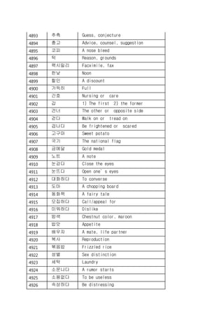 4893 추측 Guess, conjecture
4894 충고 Advice, counsel, suggestion
4895 코피 A nose bleed
4896 턱 Reason, grounds
4897 팩시밀리 Facximile, fax
4898 한낮 Noon
4899 할인 A discount
4900 가득히 Full
4901 간호 Nursing or care
4902 갑 1) The first 2) the former
4903 건너 The other or opposite side
4904 걷다 Walk on or tread on
4905 겁나다 Be frightened or scared
4906 고구마 Sweet potato
4907 국기 The national flag
4908 금메달 Gold medal
4909 노트 A note
4910 눈감다 Close the eyes
4911 눈뜨다 Open one’s eyes
4912 대화하다 To converse
4913 도마 A chopping board
4914 동화책 A fairy tale
4915 모집하다 Call/appeal for
4916 미워하다 Dislike
4917 밤색 Chestnut color, maroon
4918 밥맛 Appetite
4919 배우자 A mate, life partner
4920 복사 Reproduction
4921 볶음밥 Frizzled rice
4922 성별 Sex distinction
4923 세탁 Laundry
4924 소문나다 A rumor starts
4925 소용없다 To be useless
4926 속상하다 Be distressing
 