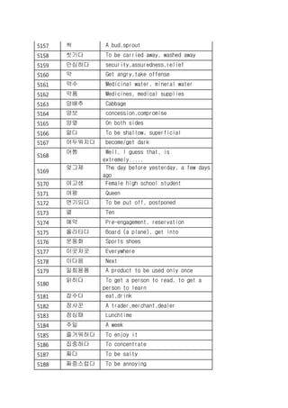 5157 싹 A bud,sprout
5158 씻기다 To be carried away, washed away
5159 안심하다 security,assuredness,relief
5160 약 Get angry,take offense
5161 약수 Medicinal water, mineral water
5162 약품 Medicines, medical supplies
5163 양배추 Cabbage
5164 양보 concession,compromise
5165 양옆 On both sides
5166 얕다 To be shallow, superficial
5167 어두워지다 become/get dark
5168
어쩜 Well, I guess that, is
extremely.....
5169
엊그제 The day before yesterday, a few days
ago
5170 여고생 Female high school student
5171 여왕 Queen
5172 연기되다 To be put off, postponed
5173 열 Ten
5174 예약 Pre-engagement, reservation
5175 올라타다 Board (a plane), get into
5176 운동화 Sports shoes
5177 이곳저곳 Everywhere
5178 이다음 Next
5179 일회용품 A product to be used only once
5180
읽히다 To get a person to read, to get a
person to learn
5181 잡수다 eat,drink
5182 장사꾼 A trader,merchant,dealer
5183 점심때 Lunchtime
5184 주일 A week
5185 즐거워하다 To enjoy it
5186 집중하다 To concentrate
5187 짜다 To be salty
5188 짜증스럽다 To be annoying
 