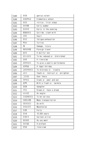 5189 천재 genius,talent
5190 초등학교 Elementary school
5191 초보 Initial, first steps
5192 초여름 Early summer
5193 초저녁 Early in the evening
5194 충돌하다 Collide, clash with
5195 코트 Court
5196 피곤 fatigue,exhaustion
5197 학비 Tuition
5198 해 Damage, injury
5199 해외여행 Foreign travel
5200 효자 A dutiful son
5201 감소되다 To be reduced or diminished
5202 강변 A riverside
5203 공연되다 To give a public performance
5204 공휴일 A legal holiday
5205 괴로워하다 To distress or trouble
5206 교시 Teach or instruct or enlighten
5207 그리로 Over there
5208 까먹다 Crack or peel and eat
5209 깜빡 With a flash or twinkle
5210 깡패 Gangster
5211 꾸다 Dream or have a dream
5212 낚시꾼 An angler
5213 다양해지다 To be various
5214 대중교통 Mass transportation
5215 데려오다 Go with
5216 마요네즈 Mayonnaise
5217 마흔 Forty
5218 만세 10,000 years
5219 만화가 Cartoon artist
5220 맘대로 As you want
5221 머리말 A preface
5222 면접 Interview
 