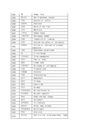 5291 형 Shape, form
5292 혼나다 Get frightened, scared
5293 가만 Quietly or softly
5294 감정적 Emotional
5295 강북 North of the river
5296 거리 Materials
5297 고무신 Rubber shoes
5298 고춧가루 Red pepper powder
5299 관람 Inspection or viewing
5300 교외 Outside the school or extramural
5301
교육비 Tuition or the cost of a school
education
5302 국립 Government established
5303 금 A line (draw)
5304 기억되다 To be remembered
5305 까다 Peel or husk
5306 꽃씨 Flower seed
5307 꾸준하다 Be steady or unflagging
5308 난방 A heated room
5309 내용물 Contents
5310 녹화 Tree-planting
5311 농구 Basketball
5312 달다 To hang
5313 매번 Every time
5314 먹다 Go deaf
5315 무관심하다 Be indifferent to
5316 무사하다 Be safe, peaceful
5317 밤낮 Night and day, always
5318 배구 Volleyball
5319 번역하다 To translate
5320 병아리 Chick, baby chicken
5321 부지런하다 Be diligent
5322 부피 bulk,size
5323
비기다 End in a tie, to be even-even. Same
 