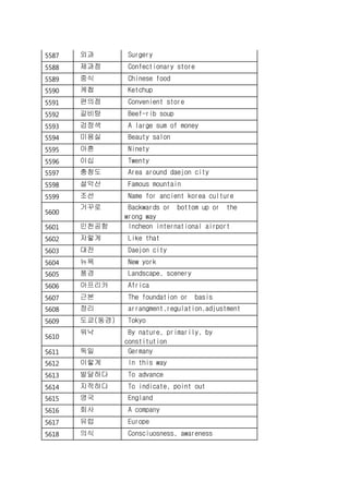 5587 외과 Surgery
5588 제과점 Confectionary store
5589 중식 Chinese food
5590 케첩 Ketchup
5591 편의점 Convenient store
5592 갈비탕 Beef-rib soup
5593 검정색 A large sum of money
5594 미용실 Beauty salon
5595 아흔 Ninety
5596 이십 Twenty
5597 충청도 Area around daejon city
5598 설악산 Famous mountain
5599 조선 Name for ancient korea culture
5600
거꾸로 Backwards or bottom up or the
wrong way
5601 인천공항 Incheon international airport
5602 저렇게 Like that
5603 대전 Daejon city
5604 뉴욕 New york
5605 풍경 Landscape, scenery
5606 아프리카 Africa
5607 근본 The foundation or basis
5608 정리 arrangment,regulation,adjustment
5609 도쿄(동경) Tokyo
5610
워낙 By nature, primarily, by
constitution
5611 독일 Germany
5612 이렇게 In this way
5613 발달하다 To advance
5614 지적하다 To indicate, point out
5615 영국 England
5616 회사 A company
5617 유럽 Europe
5618 의식 Consciuosness, awareness
 