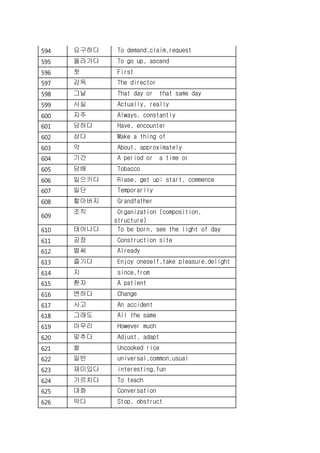 594 요구하다 To demand,claim,request
595 올라가다 To go up, ascend
596 첫 First
597 감독 The director
598 그날 That day or that same day
599 사실 Actually, really
600 자주 Always, constantly
601 당하다 Have, encounter
602 삼다 Make a thing of
603 약 About, approximately
604 기간 A period or a time or
605 담배 Tobacco
606 일으키다 Riase, get up; start, commence
607 일단 Temporarily
608 할아버지 Grandfather
609
조직 Organization (composition,
structure)
610 태어나다 To be born, see the light of day
611 공장 Construction site
612 벌써 Already
613 즐기다 Enjoy oneself,take pleasure,delight
614 지 since,from
615 환자 A patient
616 변하다 Change
617 사고 An accident
618 그래도 All the same
619 아무리 However much
620 맞추다 Adjust, adapt
621 쌀 Uncooked rice
622 일반 universal,common,usual
623 재미있다 interesting,fun
624 가르치다 To teach
625 대화 Conversation
626 막다 Stop, obstruct
 