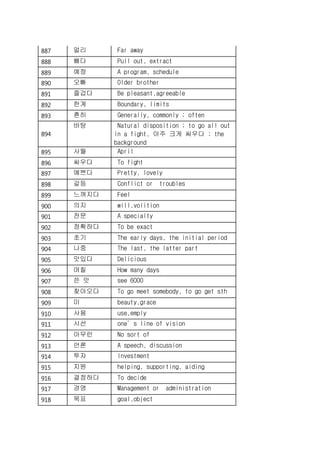 887 멀리 Far away
888 빼다 Pull out, extract
889 예정 A program, schedule
890 오빠 Older brother
891 즐겁다 Be pleasant,agreeable
892 한계 Boundary, limits
893 흔히 Generally, commonly ; often
894
바탕 Natural disposition ; to go all out
in a fight, 아주 크게 싸우다 ; the
background
895 사월 April
896 싸우다 To fight
897 예쁘다 Pretty, lovely
898 갈등 Conflict or troubles
899 느껴지다 Feel
900 의지 will,volition
901 전문 A specialty
902 정확하다 To be exact
903 초기 The early days, the initial period
904 나중 The last, the latter part
905 맛있다 Delicious
906 며칠 How many days
907 쓴 맛 see 6000
908 찾아오다 To go meet somebody, to go get sth
909 미 beauty,grace
910 사용 use,emply
911 시선 one’s line of vision
912 아무런 No sort of
913 언론 A speech, discussion
914 투자 Investment
915 지원 helping, supporting, aiding
916 결정하다 To decide
917 경영 Management or administration
918 목표 goal,object
 