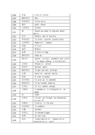 1306 눈길 Line of vision
1307 물어보다 Ask
1308 미안하다 To be sorry
1309 밀다 push, shove
1310 스트레스 Stress
1311
음 Sound you make to express doubt,
worry
1312 인사 People, men of society
1313 주어지다 To offer, proffer (conditions)
1314 고려하다 Regard or respect
1315 과일 A fruit
1316 널리 Widely
1317 농촌 A farm village
1318 올라오다 Come up
1319
챙기다 gather, collect, assemble your stuff
-- to amass (money, a collection)
1320 고르다 Choose or select
1321 바르다 Spread, apply
1322 벌어지다 To get serious, enlarge
1323 소재 material, subject matter
1324 전망 A view, prospect
1325 포기하다 To give up, to abandon
1326 형성되다 To be formed, made up
1327 고치다 To fix, amend, change
1328
그림자 A shadow or a silhouette or an
image
1329 눈 Snow
1330
다하다 Finish, go through, be exhausted,
run out of
1331 마침내 Finally, in the end
1332 비교하다 To compare
1333 시월 October
1334 커지다 To become bigger
1335 한쪽 On one side
1336
검사 Investigation or inspection or
examination or audit
 