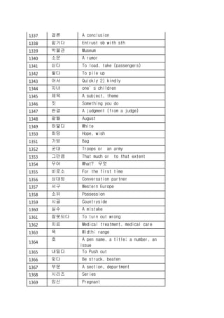 1337 결론 A conclusion
1338 맡기다 Entrust sb with sth
1339 박물관 Museum
1340 소문 A rumor
1341 싣다 To load, take (passengers)
1342 쌓다 To pile up
1343 어서 Quickly 2) kindly
1344 자녀 one’s children
1345 제목 A subject, theme
1346 짓 Something you do
1347 판결 A judgment (from a judge)
1348 팔월 August
1349 하얗다 White
1350 희망 Hope, wish
1351 가방 Bag
1352 군대 Troops or an army
1353 그만큼 That much or to that extent
1354 무어 What? 무엇
1355 비로소 For the first time
1356 상대방 Conversation partner
1357 서구 Western Europe
1358 소유 Possession
1359 시골 Countryside
1360 실수 A mistake
1361 잘못되다 To turn out wrong
1362 치료 Medical treatment, medical care
1363 폭 Width; range
1364
호 A pen name, a title; a number, an
issue
1365 내밀다 To Push out
1366 맞다 Be struck, beaten
1367 부문 A section, department
1368 시리즈 Series
1369 임신 Pregnant
 