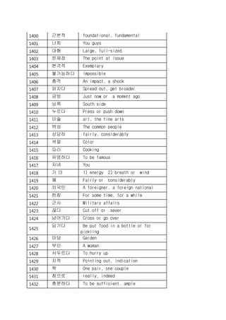 1400 근본적 foundational, fundamental
1401 너희 You guys
1402 대형 Large, full-sized
1403 문제점 The point at issue
1404 본격적 Exemplary
1405 불가능하다 Impossible
1406 충격 An impact, a shock
1407 퍼지다 Spread out, get broader
1408 금방 Just now or a moment ago
1409 남쪽 South side
1410 누르다 Press or push down
1411 미술 art, the fine arts
1412 백성 The common people
1413 상당히 fairly, considerably
1414 색깔 Color
1415 요리 Cooking
1416 유명하다 To be famous
1417 자네 You
1418 기 13 1) energy 2) breath or wind
1419 꽤 Fairly or considerably
1420 외국인 A foreigner, a foreign national
1421 한참 For some time, for a while
1422 군사 Military affairs
1423 끊다 Cut off or sever
1424 넘어가다 Cross or go over
1425
담기다 Be put food in a bottle or for
pickling
1426 마당 Garden
1427 부인 A woman
1428 서두르다 To hurry up
1429 지적 Pointing out, indication
1430 짝 One pair, one couple
1431 참으로 really, indeed
1432 충분하다 To be sufficient, ample
 