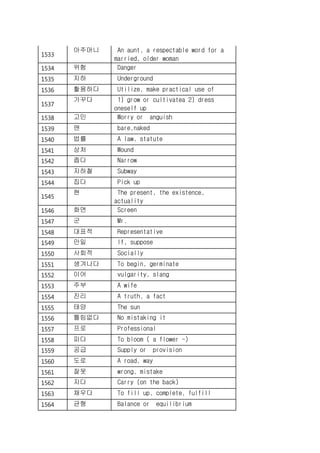 1533
아주머니 An aunt, a respectable word for a
married, older woman
1534 위험 Danger
1535 지하 Underground
1536 활용하다 Utilize, make practical use of
1537
가꾸다 1) grow or cultivatea 2) dress
oneself up
1538 고민 Worry or anguish
1539 맨 bare,naked
1540 법률 A law, statute
1541 상처 Wound
1542 좁다 Narrow
1543 지하철 Subway
1544 집다 Pick up
1545
현 The present, the existence,
actuality
1546 화면 Screen
1547 군 Mr.
1548 대표적 Representative
1549 만일 If, suppose
1550 사회적 Socially
1551 생겨나다 To begin, germinate
1552 이어 vulgarity, slang
1553 주부 A wife
1554 진리 A truth, a fact
1555 태양 The sun
1556 틀림없다 No mistaking it
1557 프로 Professional
1558 피다 To bloom ( a flower ~)
1559 공급 Supply or provision
1560 도로 A road, way
1561 잘못 wrong, mistake
1562 지다 Carry (on the back)
1563 채우다 To fill up, complete, fulfill
1564 균형 Balance or equilibrium
 