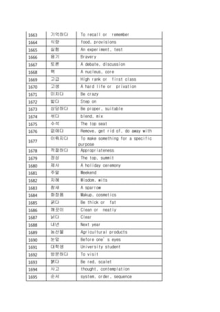 1663 기억하다 To recall or remember
1664 식량 food, provisions
1665 실험 An experiment, test
1666 용기 Bravery
1667 토론 A debate, discussion
1668 핵 A nucleus, core
1669 고급 High rank or first class
1670 고생 A hard life or privation
1671 미치다 Be crazy
1672 밟다 Step on
1673 상당하다 Be proper, suitable
1674 섞다 blend, mix
1675 수석 The top seat
1676 없애다 Remove, get rid of, do away with
1677
이뤄지다 To make something for a specific
purpose
1678 적절하다 Appropriateness
1679 정상 The top, summit
1680 제사 A holiday ceremony
1681 주말 Weekend
1682 지혜 Wisdom, wits
1683 참새 A sparrow
1684 화장품 Makup, cosmetics
1685 굵다 Be thick or fat
1686 깨끗이 Clean or neatly
1687 낡다 Clear
1688 내년 Next year
1689 농산물 Agricultural products
1690 눈앞 Before one’s eyes
1691 대학생 University student
1692 방문하다 To visit
1693 붉다 Be red, scalet
1694 사고 thought, contemplation
1695 순서 system, order, sequence
 