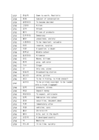 1727 현실적 Down to earth, Realistic
1728 화제 Subject of conversation
1729 결정되다 To become decided
1730 고양이 Kitten
1731 공격 Attack
1732 물가 Prices of products
1733 민주주의 Democracy
1734 불안 uneasiness, anxiety
1735 소중하다 To be important, valuable
1736 여유 reserve, surplus
1737 의문 A question, a doubt
1738 중학교 Middle school
1739 킬로미터 Kilometer
1740 파도 Waves, billows
1741 흰색 gray, ash color
1742 가수 Singer
1743 단 Only one, alone
1744 방송국 Broadcasting station
1745 빛나다 shine, glitter
1746 숨다 To be in hiding, to hide oneself
1747
실리다 To be printed,recorded; to be loaded
onto a truck (luggage)
1748 압력 pressure, stress
1749 예금 Deposit money
1750 예상되다 To expect, anticipate
1751 입학 Admission into school
1752 증권 securities, document,deed
1753 직후 Immediately after
1754 차량 vehicles, cars
1755 출산 Child birth
1756 물다 bite, put in the mouth
1757 선진국 A developed country
1758 약 Medicine
1759 어느새 In no time, quickly
 