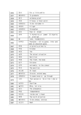 1856 잠시 For a little while
1857 졸업하다 To graduate
1858 증거 evidence,proof
1859 초점 A focus, a focal point
1860 포함되다 To be included in
1861 호랑이 A tiger
1862 강화하다 Strengthen
1863 공포 Fear or dread
1864
권위 1) Authority or power 2) dignity
or prestige
1865 덜 Less, incompletely
1866
미루다 Postpone ; (2) to guess, infer and
make an educated guess
1867 본래 originally,primarily
1868 부엌 Kitchen
1869 세금 Tax
1870 실정 The actual situation
1871 영양 Nutrition
1872 육체 The flesh, the body
1873 입구 Entrance
1874 잔뜩 extremely, to the utmost
1875 적극 The positive
1876 최소한 At least
1877 펼쳐지다 Stretch, extend away
1878 경험하다 To experience or go through
1879
그이 That person or he or him / she or
her
1880 넘치다 Overflow
1881 놓치다 Miss, let slip
1882 대기 The atmosphere
1883 독립 Independence
1884 머릿속 Inside one’s head
1885 북쪽 The north direction
1886 불안하다 To be uneasy, anxious
1887 쇠고기 Beef
 