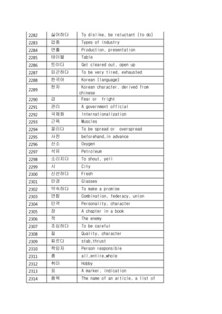 2282 싫어하다 To dislike, be reluctant (to do)
2283 업종 Types of industry
2284 연출 Production, presentation
2285 테이블 Table
2286 트이다 Get cleared out, open up
2287 피곤하다 To be very tired, exhausted
2288 한국어 Korean (language)
2289
한자 Korean character, derived from
chinese
2290 겁 Fear or fright
2291 관리 A government official
2292 국제화 Internationalization
2293 근육 Muscles
2294 깔리다 To be spread or overspread
2295 사전 beforehand,in advance
2296 산소 Oxygen
2297 석유 Petroleum
2298 소리치다 To shout, yell
2299 시 City
2300 신선하다 Fresh
2301 안경 Glasses
2302 약속하다 To make a promise
2303 연합 Combination, federacy, union
2304 인격 Personality, character
2305 장 A chapter in a book
2306 적 The enemy
2307 조심하다 To be careful
2308 질 Quality, character
2309 찌르다 stab,thrust
2310 책임자 Person responsible
2311 총 all,entire,whole
2312 취미 Hobby
2313 표 A marker, indication
2314 품목 The name of an article, a list of
 