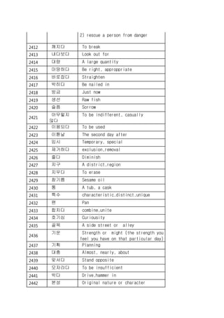 2) rescue a person from danger
2412 깨지다 To break
2413 내다보다 Look out for
2414 대량 A large quantity
2415 마땅하다 Be right, approppriate
2416 바로잡다 Straighten
2417 박히다 Be nailed in
2418 방금 Just now
2419 생선 Raw fish
2420 슬픔 Sorrow
2421
아무렇지
않다
To be indifferent, casually
2422 이용되다 To be used
2423 이튿날 The second day after
2424 임시 Temporary, special
2425 제거하다 exclusion,removal
2426 줄다 Diminish
2427 지구 A district,region
2428 지우다 To erase
2429 참기름 Sesame oil
2430 통 A tub, a cask
2431 특수 characteristic,distinct,unique
2432 팬 Pan
2433 합치다 combine,unite
2434 호기심 Curiousity
2435 골목 A side street or alley
2436
기운 Strength or might (the strength you
feel you have on that particular day)
2437 기획 Planning
2438 대충 Almost, nearly, about
2439 맞서다 Stand opposite
2440 모자라다 To be insufficient
2441 박다 Drive,hammer in
2442 본성 Original nature or character
 