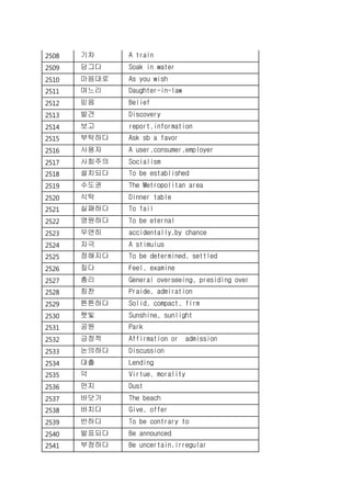 2508 기차 A train
2509 담그다 Soak in water
2510 마음대로 As you wish
2511 며느리 Daughter-in-law
2512 믿음 Belief
2513 발견 Discovery
2514 보고 report,information
2515 부탁하다 Ask sb a favor
2516 사용자 A user,consumer,employer
2517 사회주의 Socialism
2518 설치되다 To be established
2519 수도권 The Metropolitan area
2520 식탁 Dinner table
2521 실패하다 To fail
2522 영원하다 To be eternal
2523 우연히 accidentally,by chance
2524 자극 A stimulus
2525 정해지다 To be determined, settled
2526 짚다 Feel, examine
2527 총리 General overseeing, presiding over
2528 칭찬 Praide, admiration
2529 튼튼하다 Solid, compact, firm
2530 햇빛 Sunshine, sunlight
2531 공원 Park
2532 긍정적 Affirmation or admission
2533 논의하다 Discussion
2534 대출 Lending
2535 덕 Virtue, morality
2536 먼지 Dust
2537 바닷가 The beach
2538 바치다 Give, offer
2539 반하다 To be contrary to
2540 발표되다 Be announced
2541 부정하다 Be uncertain,irregular
 