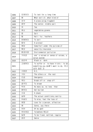 2606 오래되다 To last for a long time
2607 웬 What sort of, what kind of
2608 조각 A piece,scrap,fragment
2609 중부 The center, middle part
2610 차 Tea
2611 채소 vegetables,greens
2612 침 Spit
2613 털 Hair; fur, feathers
2614 판매하다 To sell
2615 항의 A protest
2616 해당 Come/fall under the purview of
2617 확보 security,insurance
2618 환경오염 Environmental pollution
2619
가치관 one’s values or sense of values, a
value system
2620 검은색 Black or dark
2621
고생하다 To suffer or to have trials ; to do
something you don't want to do, 하고
싶자 않은 것
2622 기원전 B.C.
2623 기타 The others or the rest
2624 긴급 Emergency
2625 꺾다 Break off or snap off
2626 꿈꾸다 To dream
2627 무려 As many as, no less than
2628 묻히다 Get buried
2629 수표 A check
2630 실태 The actual conditions,reality
2631 아쉽다 To miss, feel the loss of
2632 애정 Love for a person, affection
2633 얘 Sonny, you there
2634 어머 Oh my god!
2635 여보세요 Telephone HELLO
2636 일정 To be fixed, settled, regular
2637 장르 Genre
 