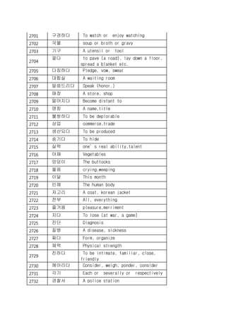 2701 구경하다 To watch or enjoy watching
2702 국물 soup or broth or gravy
2703 기구 A utensil or tool
2704
깔다 to pave (a road), lay down a floor,
spread a blanket etc.
2705 다짐하다 Pledge, vow, swear
2706 대합실 A waiting room
2707 말씀드리다 Speak (honor.)
2708 매장 A store, shop
2709 멀어지다 Become distant to
2710 명칭 A name,title
2711 불쌍하다 To be deplorable
2712 상업 commerce,trade
2713 생산되다 To be produced
2714 숨기다 To hide
2715 실력 one’s real ability,talent
2716 야채 Vegetables
2717 엉덩이 The buttocks
2718 울음 crying,weeping
2719 이달 This month
2720 인체 The human body
2721 저고리 A coat, korean jacket
2722 전부 All, everything
2723 즐거움 pleasure,merriment
2724 지다 To lose (at war, a game)
2725 진단 Diagnosis
2726 질병 A disease, sickness
2727 짜다 Form, organize
2728 체력 Physical strength
2729
친하다 To be intimate, familiar, close,
friendly
2730 헤아리다 Consider, weigh, ponder, consider
2731 각기 Each or severally or respectively
2732 경찰서 A police station
 