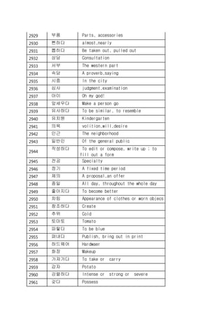 2929 부품 Parts, accessories
2930 뻔하다 almost,nearly
2931 뽑히다 Be taken out, pulled out
2932 상담 Consultation
2933 서부 The western part
2934 속담 A proverb,saying
2935 시중 In the city
2936 심사 judgment,examination
2937 아이 Oh my god!
2938 앞세우다 Make a person go
2939 유사하다 To be similar, to resemble
2940 유치원 Kindergarten
2941 의욕 volition,will,desire
2942 인근 The neighborhood
2943 일반인 Of the general public
2944
작성하다 To edit or compose, write up ; to
fill out a form
2945 전공 Specialty
2946 정기 A fixed time period
2947 제의 A proposal,an offer
2948 종일 All day, throughout the whole day
2949 좋아지다 To become better
2950 차림 Appearance of clothes or worn objecs
2951 창조하다 Create
2952 추위 Cold
2953 토마토 Tomato
2954 파랗다 To be blue
2955 펴내다 Publish, bring out in print
2956 하드웨어 Hardwaer
2957 화장 Makeup
2958 가져가다 To take or carry
2959 감자 Potato
2960 강렬하다 Intense or strong or severe
2961 갖다 Possess
 
