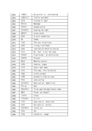 2962 괴롭다 Be painful or distressing
2963 교통사고 Traffic accident
2964 군데 A place or spot
2965 메시지 Message
2966 면하다 escape,avoid
2967 모색하다 Evening twilight
2968 붙잡다 seize,catch
2969 빛깔 A color,shade,hue
2970 뺨 Cheek
2971 사방 The four directions
2972 살림 living,livelihood
2973 실현 realization,materialization
2974 아냐 No, that’s not the case
2975 연예인 A performer, an entertainer
2976 영원히 Forever
2977 월급 Monthly salary
2978 유행 Fashion, vogue
2979 이내 soon,right away
2980 이리 This way, this direction
2981 제발 kindly,please
2982 차츰 gradually,step by step
2983 투표 vote,voting
2984 파괴하다 Destruction, demolition
2985 하느님 God
2986 해당되다 To be applied/applicable under
2987 홀로 Alone, by oneself
2988 가까이 Close
2989 가득하다 To fill
2990 각자 Each one or every one
2991 감히 Daringly or boldly
2992 강요하다 Insist on
2993 개미 Ant
2994 관습 Custom or usage
 