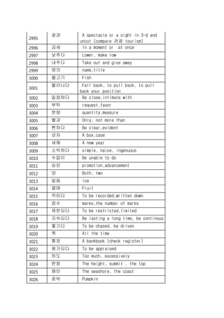 2995
광경 A spectacle or a sight in 3-d and
uncut (compare 관광 tourism)
2996 금세 In a moment or at once
2997 낮추다 Lower, make low
2998 내주다 Take out and give away
2999 명의 name,title
3000 물고기 Fish
3001
물러나다 Fall back, to pull back, to pull
back your position
3002 밀접하다 Be close,intimate with
3003 부탁 request,favor
3004 분량 quantity,measure
3005 불과 Only, not more than
3006 뻔하다 Be clear,evident
3007 상자 A box,case
3008 새해 A new year
3009 소박하다 simple, naive, ingenuous
3010 수없이 Be unable to do
3011 승진 promotion,advancement
3012 양 Both, two
3013 얼음 Ice
3014 열매 Fruit
3015 적히다 To be recorded,written down
3016 점수 marks,the number of marks
3017 제한되다 To be restricted,limited
3018 지속되다 Be lasting a long time, be continous
3019 쫓기다 To be chased, be driven
3020 쭉 All the time
3021 통장 A bankbook (check register)
3022 평가되다 To be appraised
3023 하도 Too much, excessively
3024 한창 The height, summit , the top
3025 해안 The seashore, the coast
3026 호박 Pumpkin
 