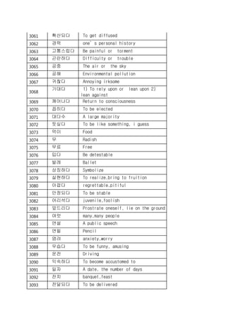 3061 확산되다 To get diffused
3062 경력 one’s personal history
3063 고통스럽다 Be painful or torment
3064 곤란하다 Difficulty or trouble
3065 공중 The air or the sky
3066 공해 Environmental pollution
3067 귀찮다 Annoying irksome
3068
기대다 1) To rely upon or lean upon 2)
lean against
3069 깨어나다 Return to consciousness
3070 꼽히다 To be elected
3071 대다수 A large majority
3072 듯싶다 To be like something, i guess
3073 먹이 Food
3074 무 Radish
3075 무료 Free
3076 밉다 Be detestable
3077 발레 Ballet
3078 상징하다 Symbolize
3079 실현하다 To realize,bring to fruition
3080 아깝다 regrettable,pitiful
3081 안정되다 To be stable
3082 어리석다 juvenile,foolish
3083 엎드리다 Prostrate oneself, lie on the ground
3084 여럿 many,many people
3085 연설 A public speech
3086 연필 Pencil
3087 염려 anxiety,worry
3088 우습다 To be funny, amusing
3089 운전 Driving
3090 익숙하다 To become accustomed to
3091 일자 A date, the number of days
3092 잔치 banquet,feast
3093 전달되다 To be delivered
 