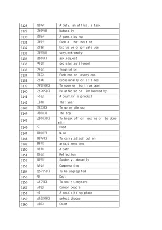 3128 임무 A duty, an office, a task
3129 자연히 Naturally
3130 장난 A game,playing
3131 저런 Such a, that sort of
3132 전용 Exclusive or private use
3133 지극히 very,extremely
3134 청하다 ask,request
3135 확정 decision,settlement
3136 가상 Imagination
3137 각자 Each one or every one
3138 간혹 Occasionally or at times
3139 개방하다 To open or to throw open
3140 관계되다 Be affected or influenced by
3141 국산 A country’s product
3142 그해 That year
3143 꺼지다 To go or die out
3144 꼭대기 The top
3145
끊어지다 To break off or expire or be done
with
3146 도 Road
3147 마이크 Mike
3148 메우다 To carry,attach;put on
3149 면적 area,dimensions
3150 목욕 A bath
3151 반성 Reflection
3152 벌떡 Suddenly, abruptly
3153 보상 Compensation
3154 분리되다 To be segregated
3155 빚 Debt
3156 새기다 To sculpt,engrave
3157 서민 Common people
3158 석 A seat,sitting place
3159 선정하다 select,choose
3160 세다 Count
 