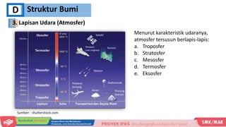Struktur Bumi
D
Menurut karakteristik udaranya,
atmosfer tersusun berlapis-lapis:
a. Troposfer
b. Stratosfer
c. Mesosfer
d. Termosfer
e. Eksosfer
Sumber : shutterstock.com
3. Lapisan Udara (Atmosfer)
 
