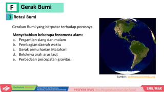 Gerak Bumi
F
Menyebabkan beberapa fenomena alam:
a. Pergantian siang dan malam
b. Pembagian daerah waktu
c. Gerak semu harian Matahari
d. Beloknya arah arus laut
e. Perbedaan percepatan gravitasi
Sumber : commons.wikimedia.org
Gerakan Bumi yang berputar terhadap porosnya.
1. Rotasi Bumi
 