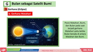 Bulan sebagai Satelit Bumi
G
b. Gerhana Matahari
Posisi Matahari, Bumi,
dan Bulan pada saat
terjadi gerhana
Matahari yaitu ketika
Bulan berada di antara
Matahari dan Bumi.
Sumber : shutterstock.com
3. Gerhana (Eclipse)
 