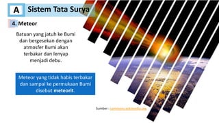 Sistem Tata Surya
A
Batuan yang jatuh ke Bumi
dan bergesekan dengan
atmosfer Bumi akan
terbakar dan lenyap
menjadi debu.
Meteor yang tidak habis terbakar
dan sampai ke permukaan Bumi
disebut meteorit.
Sumber : commons.wikimedia.org
4. Meteor
 