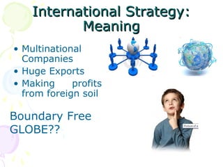 International Strategy:International Strategy:
MeaningMeaning
• Multinational
Companies
• Huge Exports
• Making profits
from foreign soil
Boundary Free
GLOBE??
 